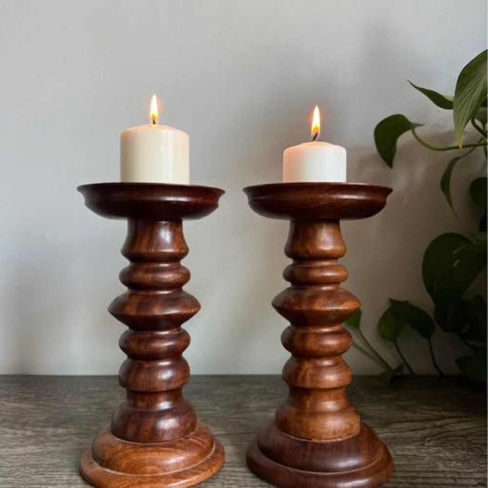 Pair of MCM Dark Brown Wood Pillar Candle Holders